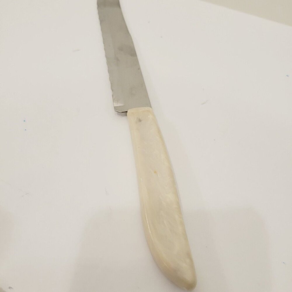 Vtg Ouikut Quick edge Stainless Knife Bakelite Ivory Tone Swirl Handle